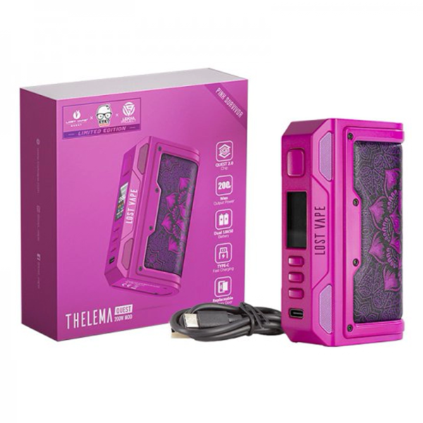 Box Thelema Quest 200W Watts Pink Survivor LostVape USB Type C 18650