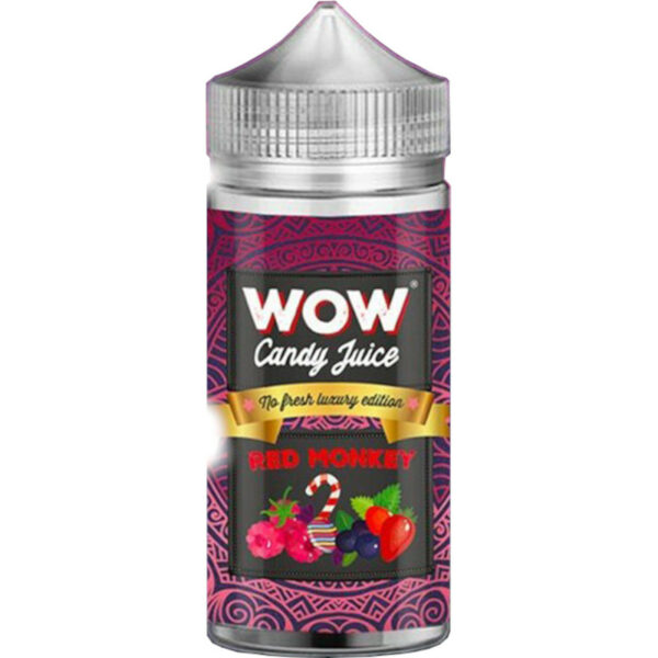 Red Monkey WOW Candy Juice 100 ml associe bonbon framboise, cassis et fraise dans une recette fruitée sans fraîcheur, simple et gourmande.