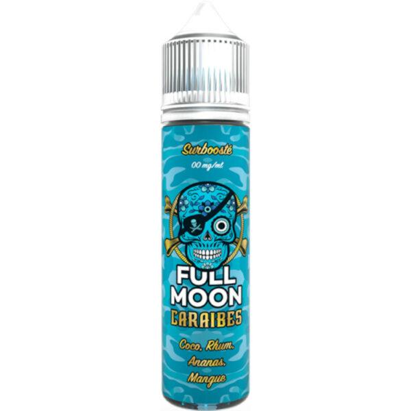 Caraïbes par Full Moon, un e-liquide exotique et frais associant rhum, ananas, coco et mangue pour une vape festive et ensoleillée.