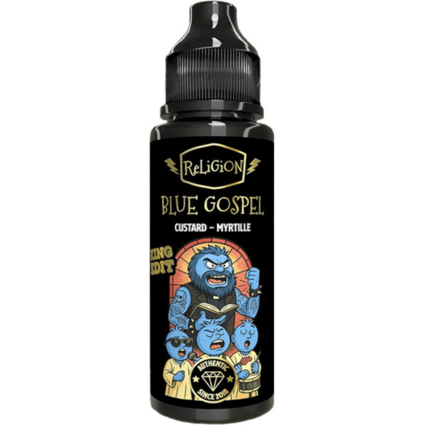 Redécouvrez le best-seller Blue Gospel dans sa King Edition : une recette myrtille-framboise glacée intense, en 100 ml prêt à booster signé Religion Juice.