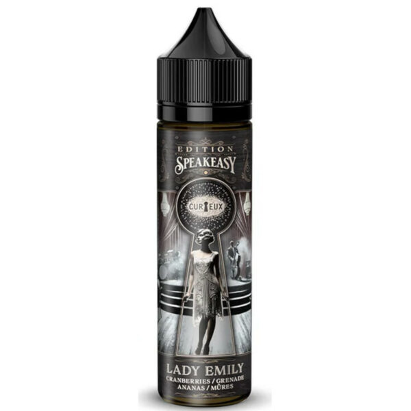 Découvrez Lady Emily de Curieux : un mélange subtil de cranberry, grenade, ananas et mûre, en 50 ml sans nicotine, sur base 100 % végétale.