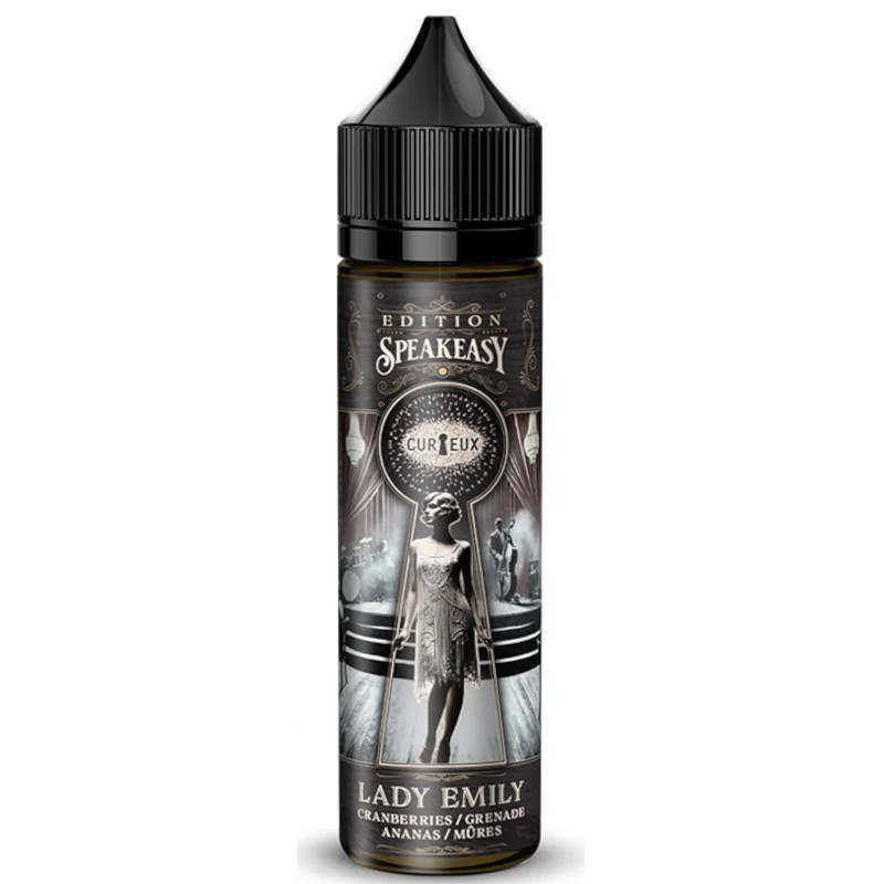 Découvrez Lady Emily de Curieux : un mélange subtil de cranberry, grenade, ananas et mûre, en 50 ml sans nicotine, sur base 100 % végétale.