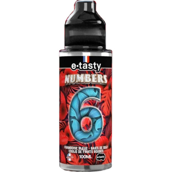 Découvrez Numbers 6 de e.Tasty : un fruité intense à la framboise bleue, goji et fruits rouges. Sans fraîcheur, en 100 ml avec place pour boosters.