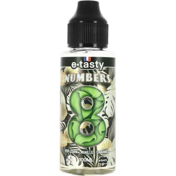 Craquez pour Numbers 8 de e.Tasty : pop-corn croquant, caramel fondant et vanille onctueuse dans un e-liquide 100 ml 100 % gourmand.