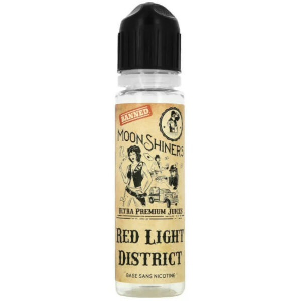 Vapez un mélange riche et équilibré avec Red Light District par Moonshiners : un classic blend sublimé par du caramel et des fruits à coque. Format 50 ml avec boosters inclus.