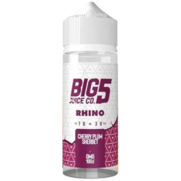 Craquez pour Rhino de BIG 5 JUICE Co : cerise, prune et une touche de fraîcheur dans un format 100 ml à fort taux de VG, idéal pour les amateurs de nuages.