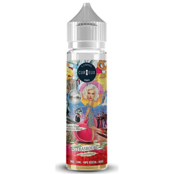 Un duo inattendu de raisin blanc et framboise bleue dans le e-liquide Strasbourg et Paillettes de Curieux. Fruité, doux et 100 % végétal.