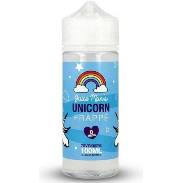Unicorn Frappé Juice Man's allie mangue sucrée, framboise bleue, chantilly et barbe à papa pour une expérience riche et décalée. Format 100 ml, PG/VG 30/70.