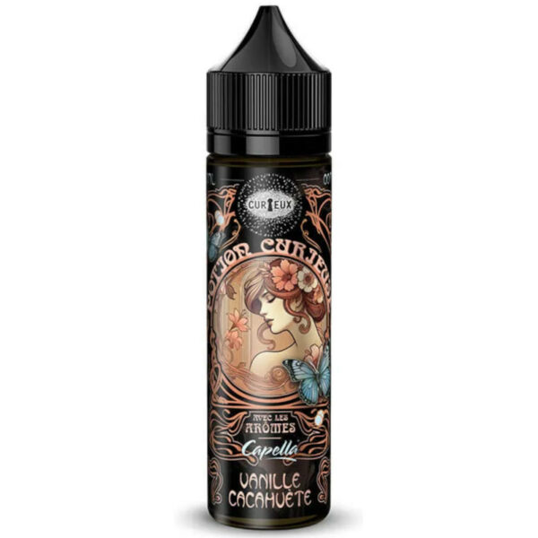 Vanille Cacahuète de Curieux, une alchimie réconfortante entre vanille crémeuse et cacahuète toastée. Format 50 ml en base végétale.
