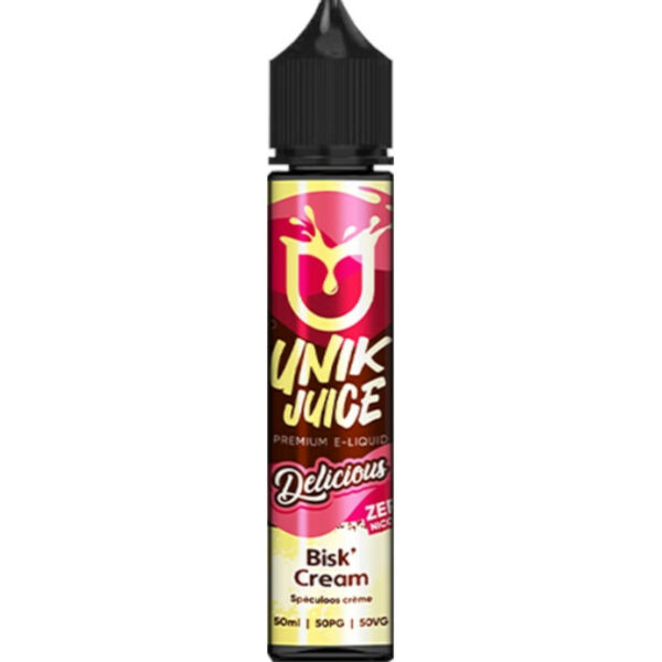 Bisk' Cream Délicious par Unik Juice marie biscuit spéculoos croquant et crème onctueuse pour une vape gourmande et réconfortante.