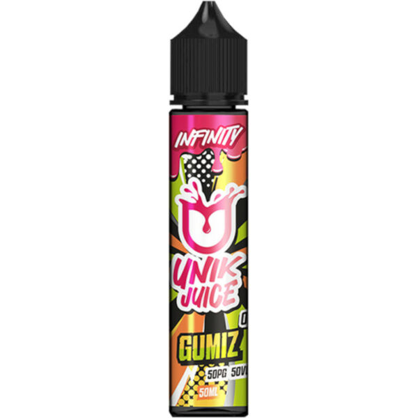Gumiz Infinity par Unik Juice associe des fruits gélifiés sucrés à une touche de fraîcheur pour une vape sucrée et unique.