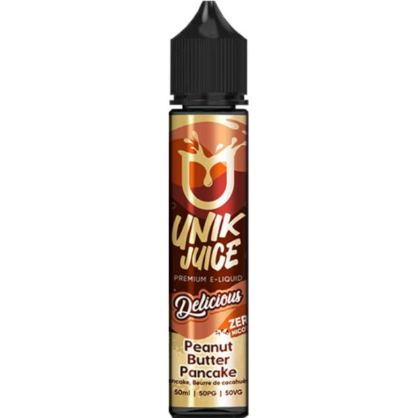 Peanut Butter Pancake Délicious par Unik Juice marie pancake moelleux et beurre de cacahuète onctueux pour une vape gourmande et unique.