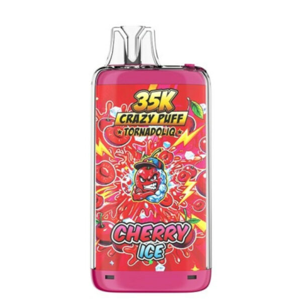 Crazy Puff 35K Cherry Ice de Tornadoliq propose une vape fruitée fraîche avec autonomie longue durée et résistance dual mesh.